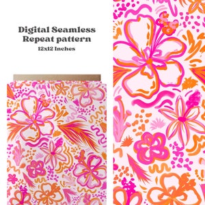 May include: A seamless digital repeat pattern featuring pink and orange hibiscus flowers, palm leaves, and abstract shapes on a white background. The pattern is 12x12 inches.