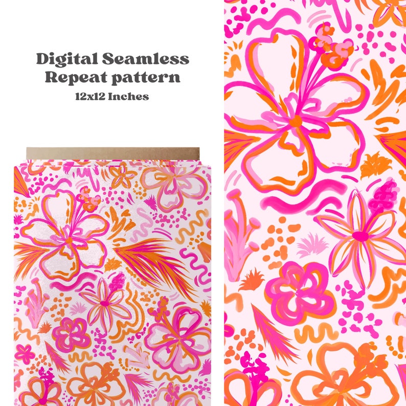 May include: A seamless digital repeat pattern featuring pink and orange hibiscus flowers, palm leaves, and abstract shapes on a white background. The pattern is 12x12 inches.