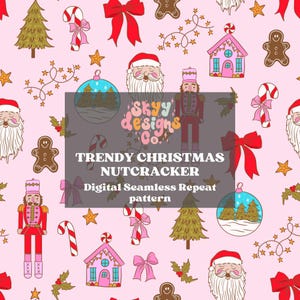 May include: A seamless repeat pattern featuring a variety of Christmas-themed illustrations, including Santa Claus, a nutcracker, gingerbread men, candy canes, ornaments, and a gingerbread house. The background is pink with white stars and green holly.