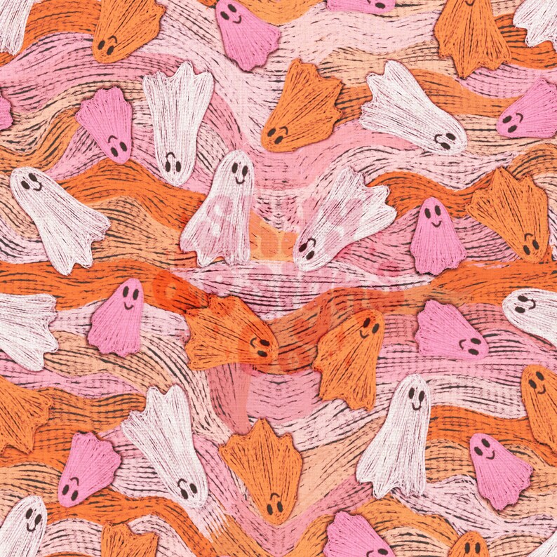 Halloween Ghosts Faux Embroidery Seamless Pattern, Retro Wavy Pattern ...