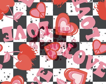Amour rétro Saint-Valentin, modèle sans couture, motif damier coeurs papier téléchargement numérique