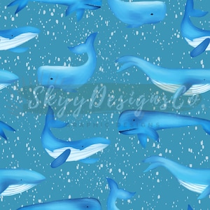 May include: A seamless pattern featuring blue whales swimming in a light blue ocean with a white speckled background. The whales are in various positions, some facing forward, some facing backward, and some swimming in a circle.