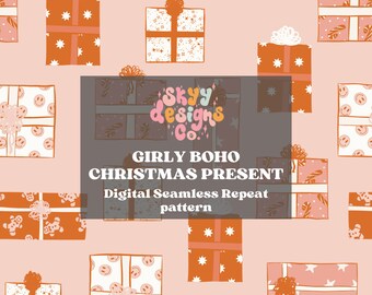 May include: A seamless pattern featuring a variety of colorful gift boxes with different designs. The boxes are decorated with stars, candy canes, and smiley faces. The background is a light pink color. The text "Girly Boho Christmas Present Digital Seamless Repeat pattern" is displayed in the center of the image.