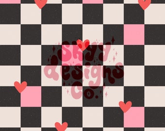 Retro Checkered Hearts Seamless Pattern, Valentines Pattern Paper for Fabrics Digital Download