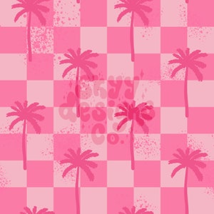 May include: A pink and white checkered background with pink palm trees. The background has a subtle splatter effect.