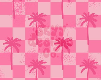 Può includere: Uno sfondo a scacchi rosa e bianco con palme rosa. Lo sfondo ha un effetto di spruzzino sottile.