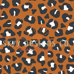 May include: A seamless pattern featuring a brown background with black and white leopard spots. The text "Skyy Designs Co." is centered in the image.
