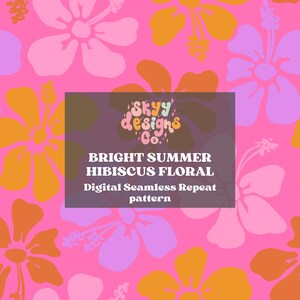 May include: A seamless pattern featuring bright pink, orange, and purple hibiscus flowers on a pink background. The text "Skyy Designs Co." is in the centre of the pattern.