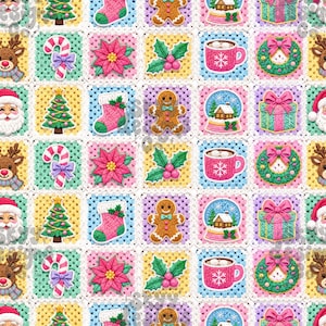 Könnte beinhalten: Ein sich wiederholendes Muster aus gehäkelten Quadraten mit Weihnachtsmotiven, darunter Rentiere, Weihnachtsmann, Zuckerstangen, Weihnachtssterne, Stechpalmen, Lebkuchenmänner, Kakaotassen, Schneekugeln, Geschenke und Kränze.