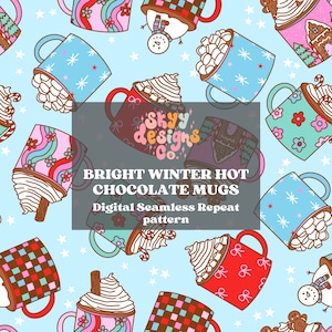 Helle Weihnachtstassen nahtlose Muster für Winter, helle Winter Retro Hot Chocolate Tassen nahtlose Rapportmuster für Weihnachtsstoffe