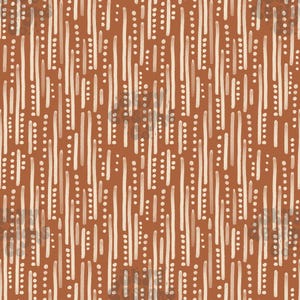 May include: A seamless pattern with vertical white lines and white dots on a brown background.