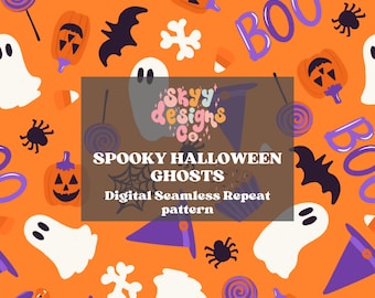 Bright Halloween Seamless Pattern, Festive Ghosts Pumpkins Pattern Paper Digital Download