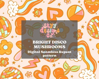 Retro Groovy Mushroom Seamless Pattern for Summer, Bright Hippie Pattern Paper Digital Download
