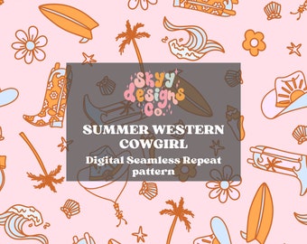 Western summer beach seamless pattern, Trendy western summer seamless repeat pattern design digital download, girly boho summer pattern