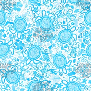 May include: A repeating pattern of light blue sea turtles, flowers, and marine motifs on a white backdrop. The design incorporates various floral and aquatic shapes, evoking a tropical and summery feel. Ideal for fabric or wallpaper applications.