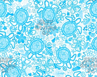 Può includere: Un motivo ripetuto di tartarughe marine azzurre, fiori e motivi marini su sfondo bianco. Il design incorpora varie forme floreali e acquatiche, evocando un'atmosfera tropicale ed estiva. Ideale per applicazioni su tessuto o carta da parati.