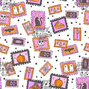 Puede incluir: Un patrón de tela blanca con estrellas negras dispersas y varios diseños de sellos postales rectangulares. Los sellos muestran iconos de Halloween que incluyen fantasmas, calaveras, gatos negros, calabazas, dulces, murciélagos y el texto BOO.