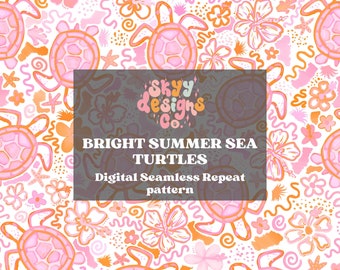 Può includere: Un motivo digitale senza cuciture con tartarughe marine, fiori e vortici acquerellati rosa e arancioni su uno sfondo bianco. Il testo "Skyy Designs Co." e "Bright Summer Sea Turtles Digital Seamless Repeat Pattern" è incluso nel design.