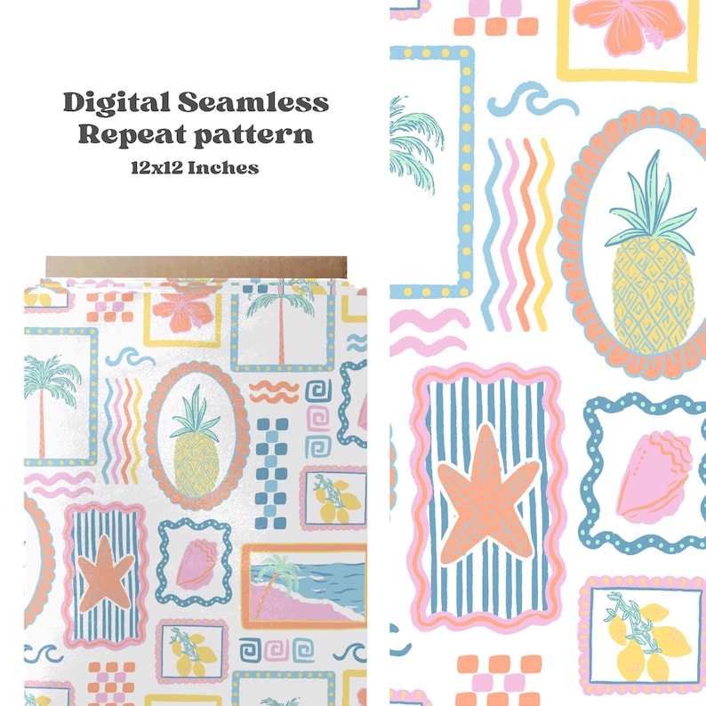 Pastel Beach Patchwork Seamless Pattern for Summer, Tropical Stamps