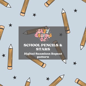 Gender neutral School Supplies seamless pattern for fabrics, Bright back to school digital paper pattern file, Seamless pencil pattern