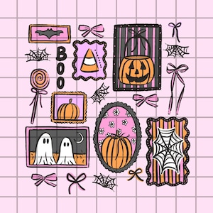 May include: A selection of Halloween-themed illustrations on a pink grid background. The images include a pumpkin, ghosts, bats, spiderwebs, bows, and the word "BOO". The colour palette features orange, pink, black, and white.