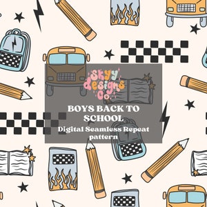 May include: A seamless pattern featuring a school bus, a backpack, a pencil, a notebook, and a checkered pattern. The pattern is in a cartoon style and is perfect for boys back to school.
