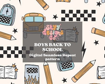 Boys School Supplies Seamless Pattern, Retro Learning Pattern Paper Digital Download