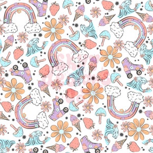 May include: A whimsical pattern featuring rainbows, roller skates, flowers, strawberries, ice cream cones, mushrooms, and waves in pastel colors. The design is set against a white background, creating a cheerful and playful aesthetic.