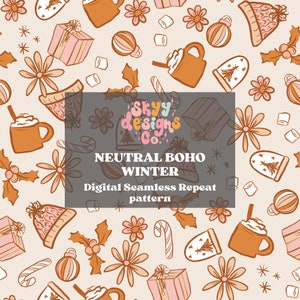 Boho Winter neutral digital seamless pattern for fabrics and wallpapers, Boho neutral Christmas seamless pattern, Digital paper Winter hat
