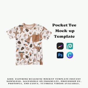 Modello realistico di mock-up di maglietta tascabile di base per procreate photoshop e canva, mock-up di stampa su tutta la maglietta, il tuo design qui mock-up