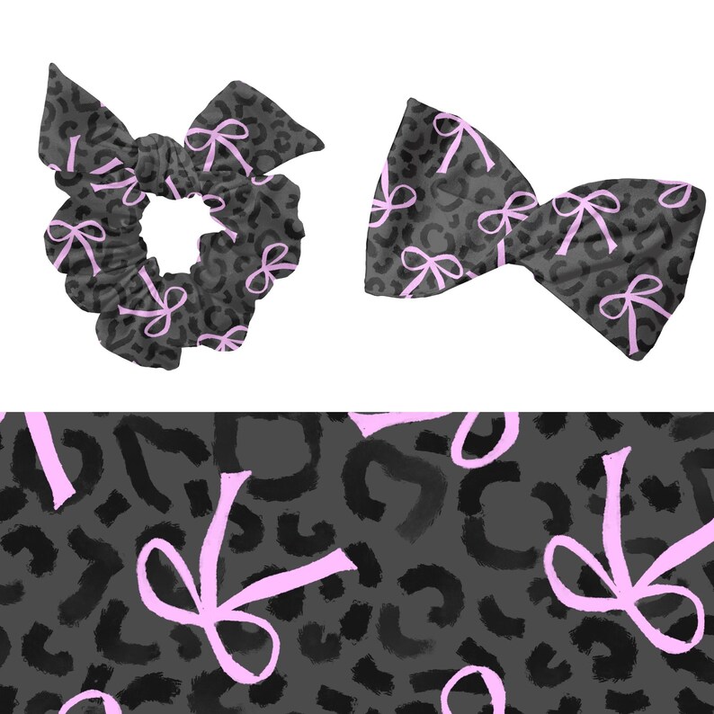 May include: A scrunchie and a bow, both in a dark grey leopard print with light pink bows. The scrunchie is round and gathered, while the bow is a classic shape. A matching fabric swatch is at the bottom.
