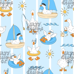 Beach day ducks seamless pattern design for Summer, Gender neutral Summer animal pattern, Trendy Summer ducks kids Seamless, commercial use