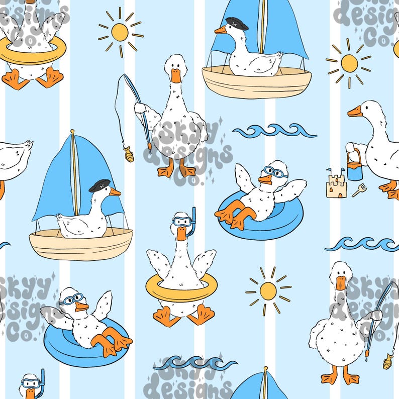 May include: A whimsical pattern featuring cartoon geese engaged in various summer activities. The geese are depicted with orange feet and beaks, wearing swim goggles, life preservers, and sailor hats. The background is a light blue with white vertical stripes, suns, and waves.
