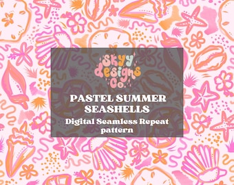 Può includere: Un motivo digitale senza cuciture con conchiglie, stelle marine e fiori in rosa pastello e arancio. Il motivo è intitolato "Pastel Summer Seashells" ed è di "Skyy Designs Co."