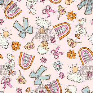 Pastell Frühlingszeit Enten digitales nahtloses Muster für Stoffe, Girly Frühlingsküken Bögen Muster, Frühlingsblumenenten, kommerzielle Nutzung