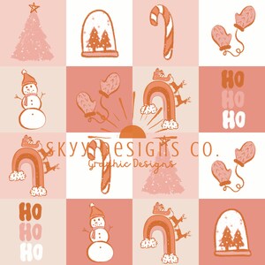 May include: A digital collage of Christmas-themed illustrations in a pink and brown color scheme. The illustrations include a snowman, a Christmas tree, a candy cane, mittens, a snow globe, and a rainbow with reindeer. The text "HO HO HO" is repeated three times in the image.