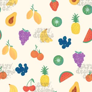 May include: A seamless pattern featuring a variety of fruits, including watermelon, papaya, pineapple, grapes, kiwi, bananas, lemons, cherries, and strawberries. The fruits are illustrated in a cartoon style and are arranged on a white background.