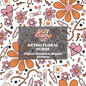 Retro floral nursing seamless pattern for the medical field, Floral retro nurse seamless pattern for medical fabrics