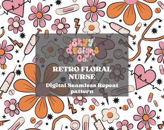 Retro Floral Nurse Seamless Pattern, Medical Flowers Pattern Paper Digital Download