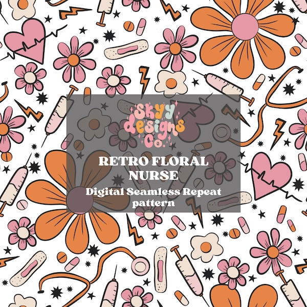 Retro floral nursing seamless pattern for the medical field, Floral retro nurse seamless pattern for medical fabrics