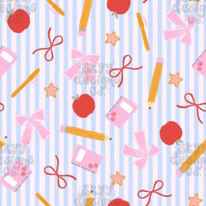 May include: A repeating pattern featuring school-themed elements. Red apples, yellow pencils, pink bows, star-shaped cookies, and pink notebooks are scattered across a light blue and white striped background. The design has a whimsical, playful aesthetic.