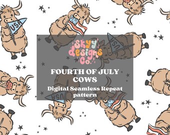Patriotic Cows Seamless Pattern for Fourth of July, Western Pattern Paper Digital Download