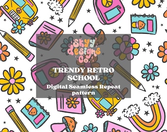 Retro School Seamless Pattern, Bright Pastel Learning Pattern Paper Digital Download