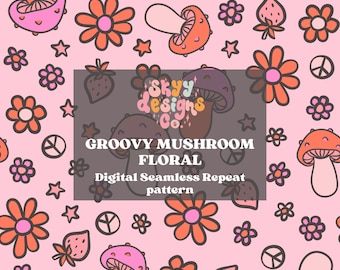 Retro Mushroom Floral Seamless Pattern for Spring and Summer, Girly Pattern Paper Digital Download