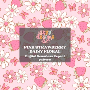Retro Erdbeeren digitales nahtloses Muster für Stoffe und Tapeten, Erdbeeren florales digitales Papiermuster, Erdbeere Gänseblümchen digitale Datei