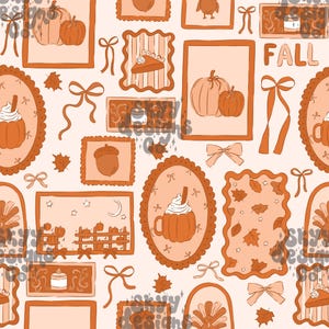Peut inclure: Un motif répétitif avec des illustrations automnales en orange et crème. Le motif comprend des citrouilles, de la tarte, des glands, des feuilles et des tasses de crème fouettée, le tout encadré de bordures décoratives. Le mot "FALL" est également présent.