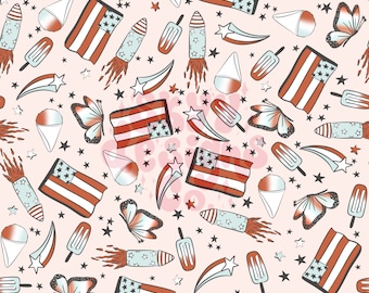 Muted Flags and Fireworks Seamless Pattern for Fourth of July, Patriotic Paper Digital Download