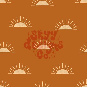 May include: A seamless pattern featuring a repeating design of stylized suns in a light beige color on a burnt orange background. The text "Skyy Designs Co." is featured in a red color with a stylized sun in the center of the text.