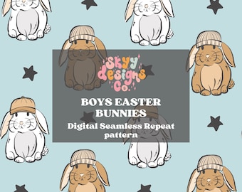 Boys Easter Bunnies Seamless Pattern, Spring Animals Pattern Paper Digital Download