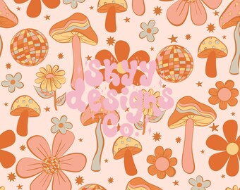 Retro Mushroom Floral Seamless Pattern, Groovy Hippie Pattern Paper for Fabrics Digital Download